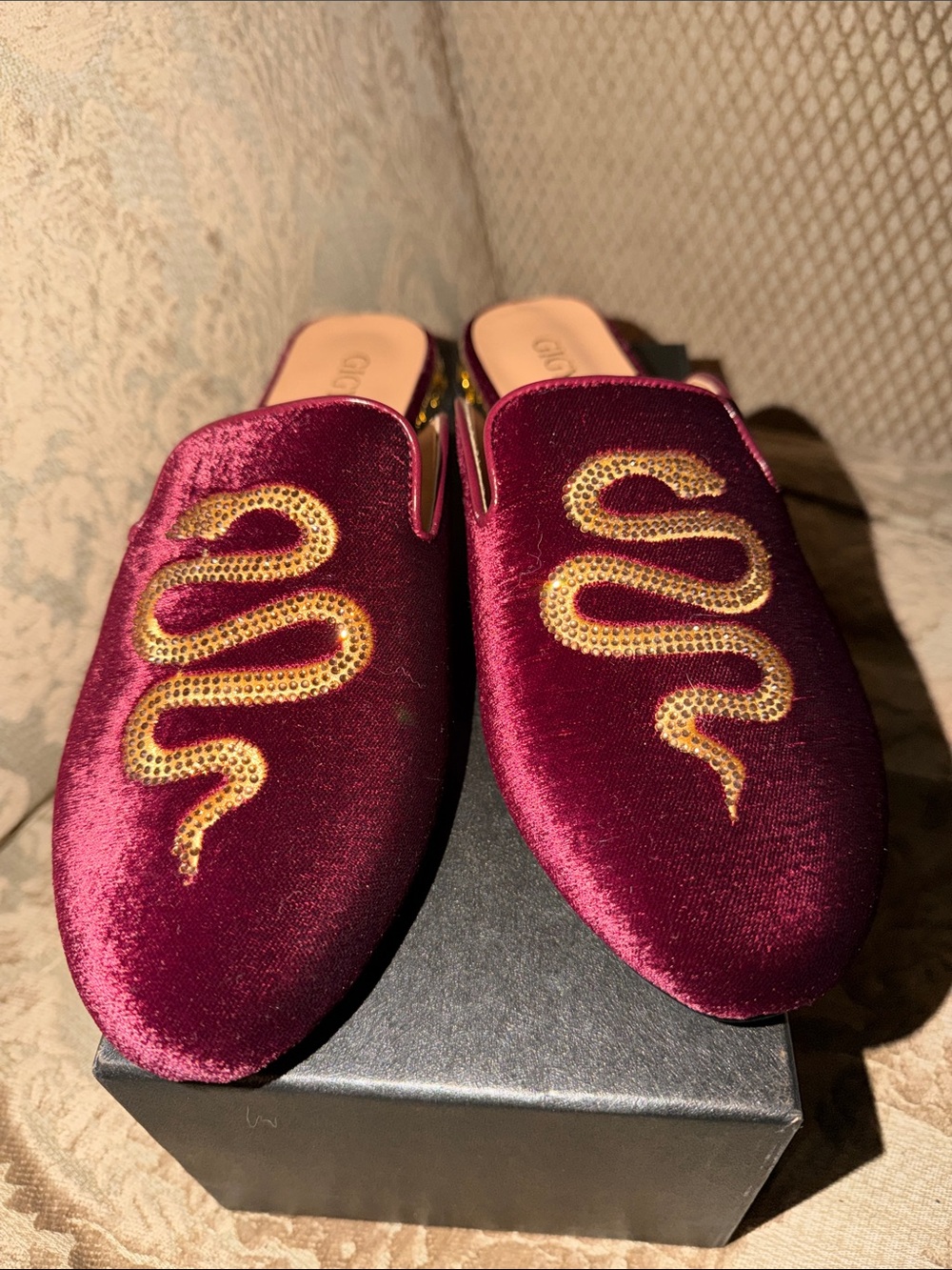 Dolce & Gabbana Burgundy Velvet Slip-On Mules with Gold Snake Motif